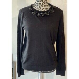Ralph Lauren Black Rhinestone Beaded Neck Sweater Tight Knit Women's Sz S Office